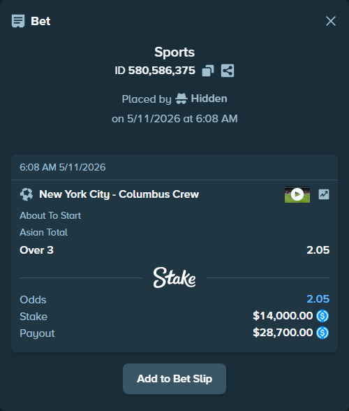 Bet slip: New York City - Columbus Crew, $14,000.00 stake at 2.05 odds, placed by Hidden