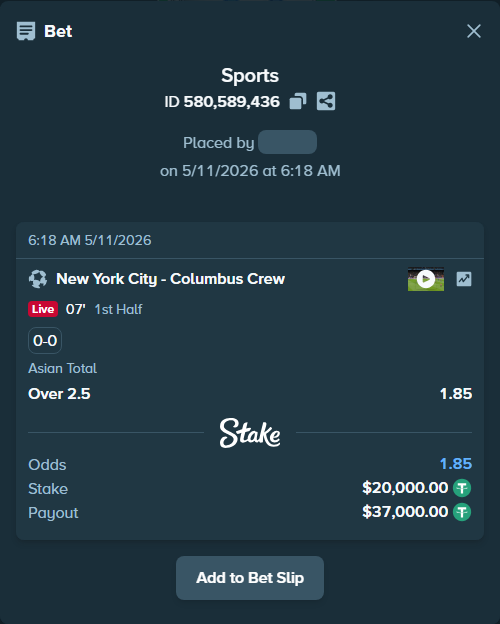 Bet slip: New York City - Columbus Crew, $20,000.00 stake at 1.85 odds, placed by rmaghsdudthd