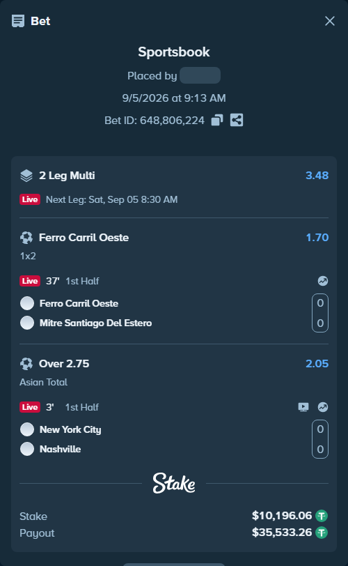 Bet slip: New York City - Nashville, $10,193.00 stake at 2.05 odds, placed by KOHINUR7474
