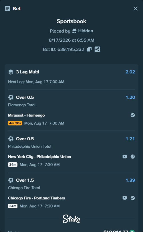Bet slip: New York City - Philadelphia Union, $10,021.28 stake at 1.21 odds, placed by Hidden