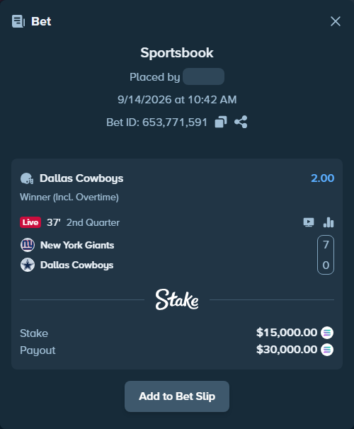 Bet slip: New York Giants - Dallas Cowboys, $15,234.41 stake at 2.00 odds, placed by riskfury
