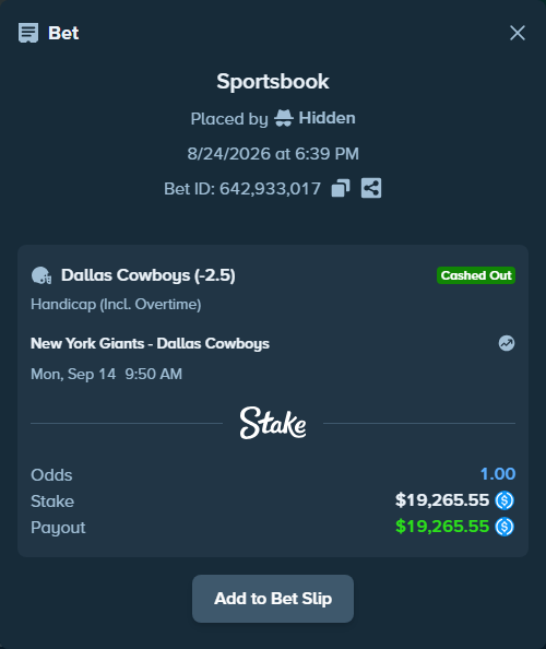 Bet slip: New York Giants - Dallas Cowboys, $19,265.55 stake at 1.79 odds, placed by Hidden