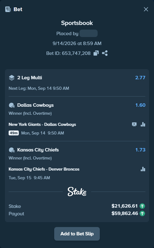 Bet slip: New York Giants - Dallas Cowboys, $21,626.61 stake at 1.60 odds, placed by Bigfoltz