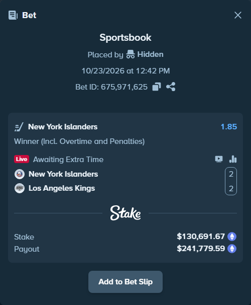 Bet slip: New York Islanders - Los Angeles Kings, $131,839.13 stake at 1.85 odds, placed by Hidden