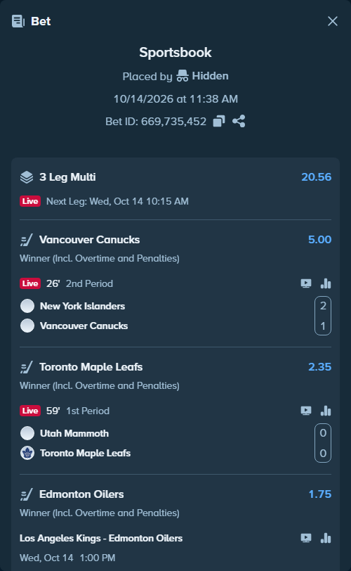 Bet slip: New York Islanders - Vancouver Canucks, $50,000.00 stake at 5.00 odds, placed by Hidden