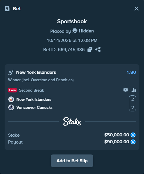 Bet slip: New York Islanders - Vancouver Canucks, $50,000.00 stake at 1.80 odds, placed by Hidden
