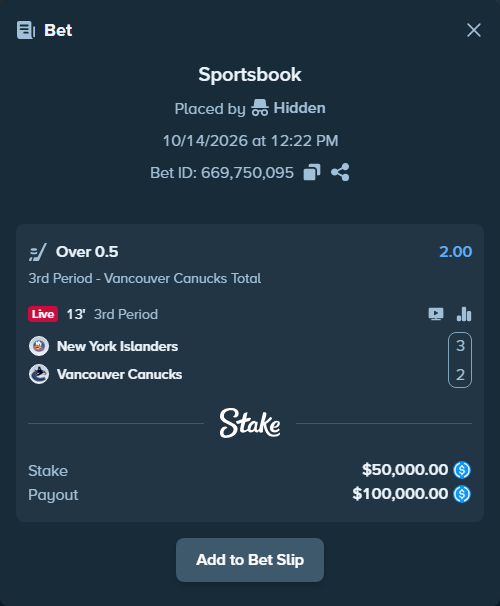 Bet slip: New York Islanders - Vancouver Canucks, $50,000.00 stake at 2.00 odds, placed by Hidden