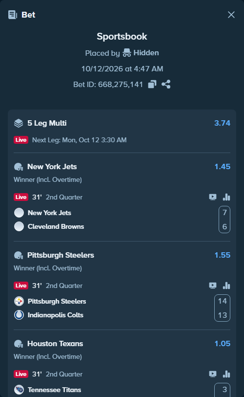 Bet slip: New York Jets - Cleveland Browns, $10,000.00 stake at 1.45 odds, placed by Chitico19