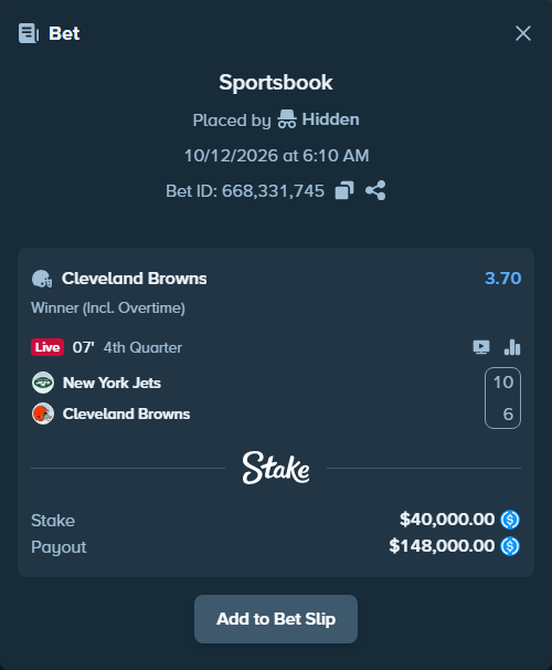 Bet slip: New York Jets - Cleveland Browns, $40,000.00 stake at 3.70 odds, placed by Hidden