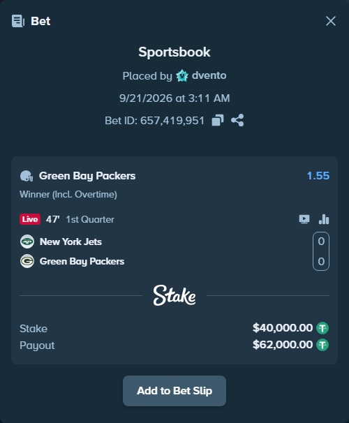Bet slip: New York Jets - Green Bay Packers, $40,000.00 stake at 1.55 odds, placed by dvento