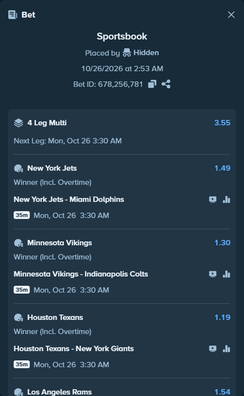 Bet slip: New York Jets - Miami Dolphins, $14,574.47 stake at 1.49 odds, placed by Hidden