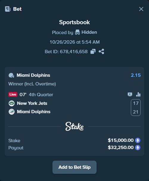 Bet slip: New York Jets - Miami Dolphins, $14,668.71 stake at 2.15 odds, placed by Jollysea
