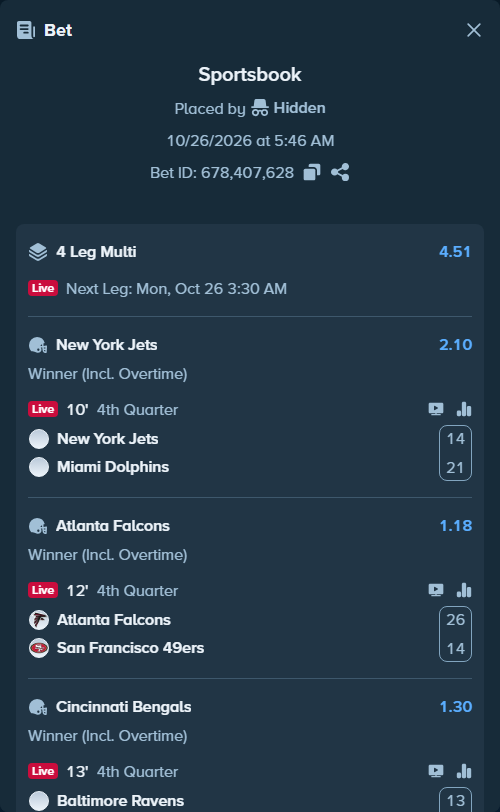 Bet slip: New York Jets - Miami Dolphins, $19,717.50 stake at 2.10 odds, placed by Hidden