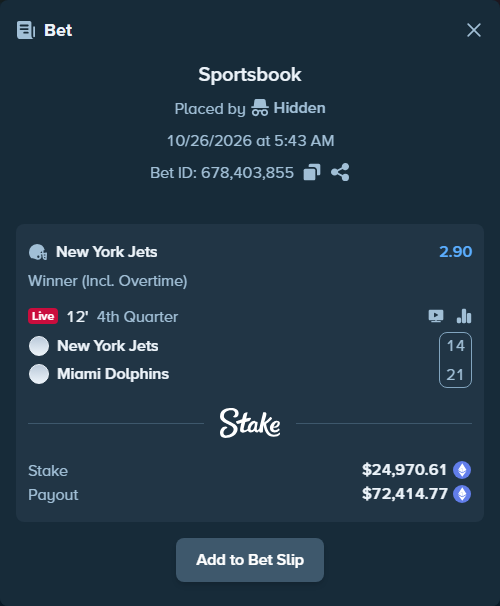 Bet slip: New York Jets - Miami Dolphins, $24,890.20 stake at 2.90 odds, placed by Jollysea