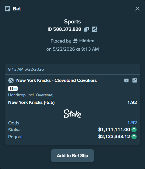 Bet slip: New York Knicks - Cleveland Cavaliers, $1,112,222.11 stake at 1.92 odds, placed by Hidden