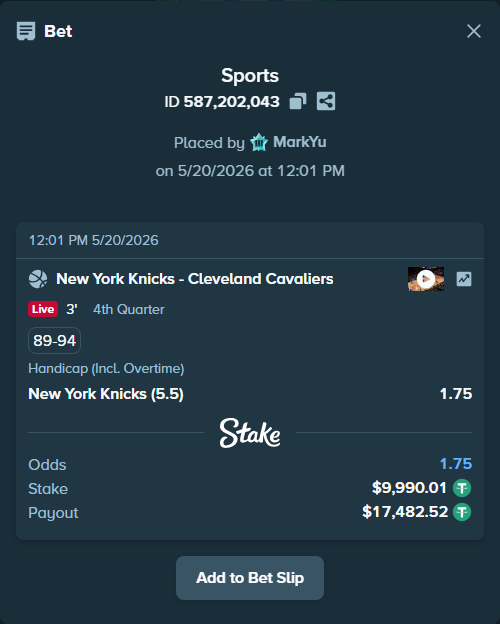 Bet slip: New York Knicks - Cleveland Cavaliers, $10,000.00 stake at 1.75 odds, placed by MarkYu