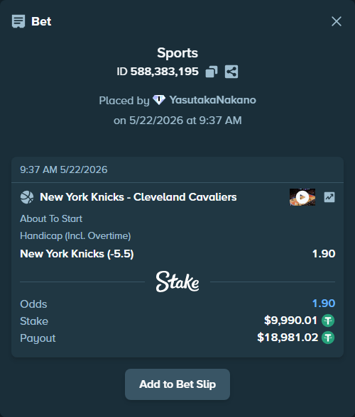 Bet slip: New York Knicks - Cleveland Cavaliers, $10,000.00 stake at 1.90 odds, placed by YasutakaNakano