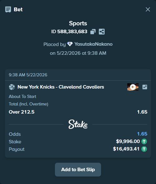 Bet slip: New York Knicks - Cleveland Cavaliers, $10,006.00 stake at 1.65 odds, placed by YasutakaNakano