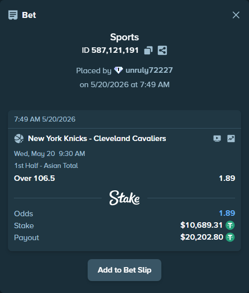 Bet slip: New York Knicks - Cleveland Cavaliers, $10,700.00 stake at 1.89 odds, placed by unruly72227