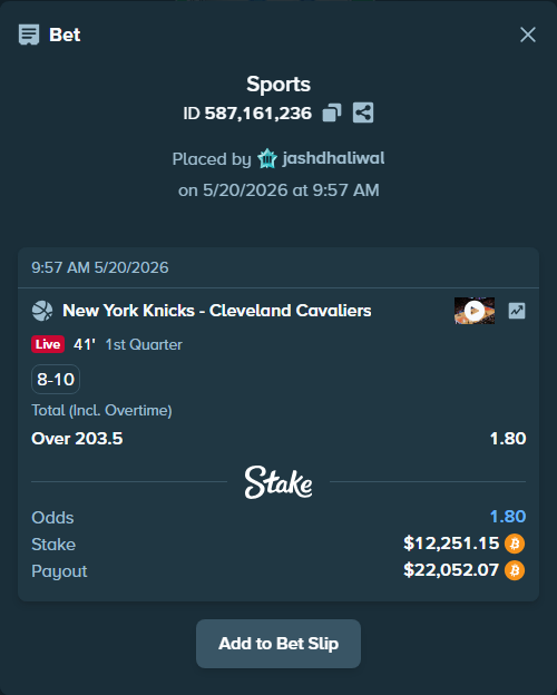 Bet slip: New York Knicks - Cleveland Cavaliers, $10,291.84 stake at 1.80 odds, placed by jashdhaliwal