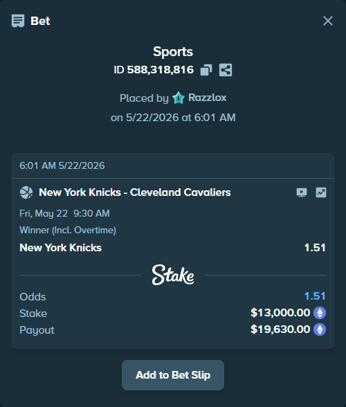 Bet slip: New York Knicks - Cleveland Cavaliers, $11,569.80 stake at 1.51 odds, placed by Razzlox