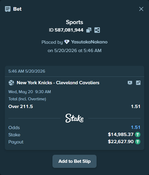 Bet slip: New York Knicks - Cleveland Cavaliers, $15,000.35 stake at 1.51 odds, placed by YasutakaNakano
