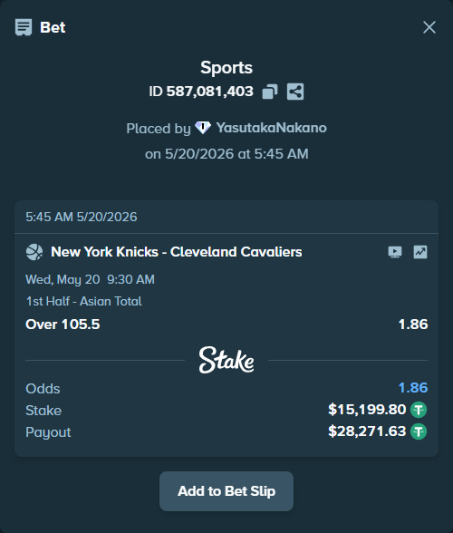 Bet slip: New York Knicks - Cleveland Cavaliers, $15,215.00 stake at 1.86 odds, placed by YasutakaNakano