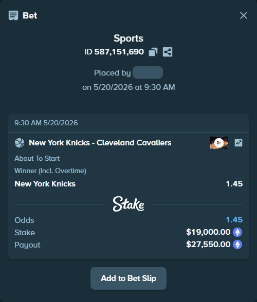 Bet slip: New York Knicks - Cleveland Cavaliers, $17,115.75 stake at 1.45 odds, placed by Razzlox