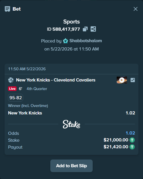 Bet slip: New York Knicks - Cleveland Cavaliers, $21,021.00 stake at 1.02 odds, placed by Shabbotshalom