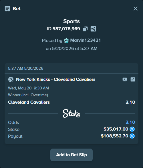 Bet slip: New York Knicks - Cleveland Cavaliers, $35,017.00 stake at 3.10 odds, placed by Marvin123421