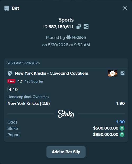 Bet slip: New York Knicks - Cleveland Cavaliers, $500,500.00 stake at 1.90 odds, placed by Hidden