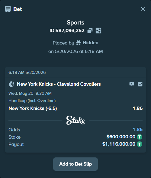 Bet slip: New York Knicks - Cleveland Cavaliers, $600,600.00 stake at 1.86 odds, placed by Hidden