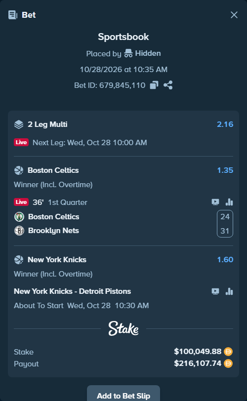 Bet slip: New York Knicks - Detroit Pistons, $100,049.88 stake at 1.60 odds, placed by Hidden