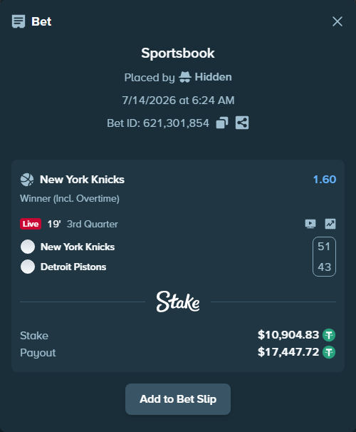 Bet slip: New York Knicks - Detroit Pistons, $10,915.73 stake at 1.60 odds, placed by Hidden