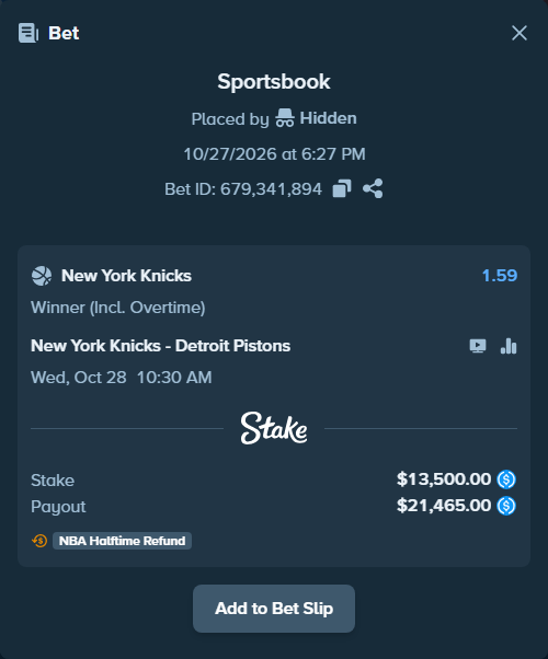 Bet slip: New York Knicks - Detroit Pistons, $13,500.00 stake at 1.59 odds, placed by clexnc