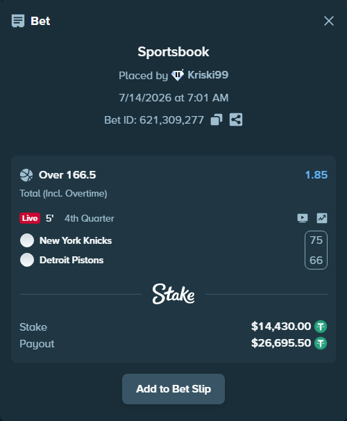 Bet slip: New York Knicks - Detroit Pistons, $14,444.43 stake at 1.85 odds, placed by Kriski99