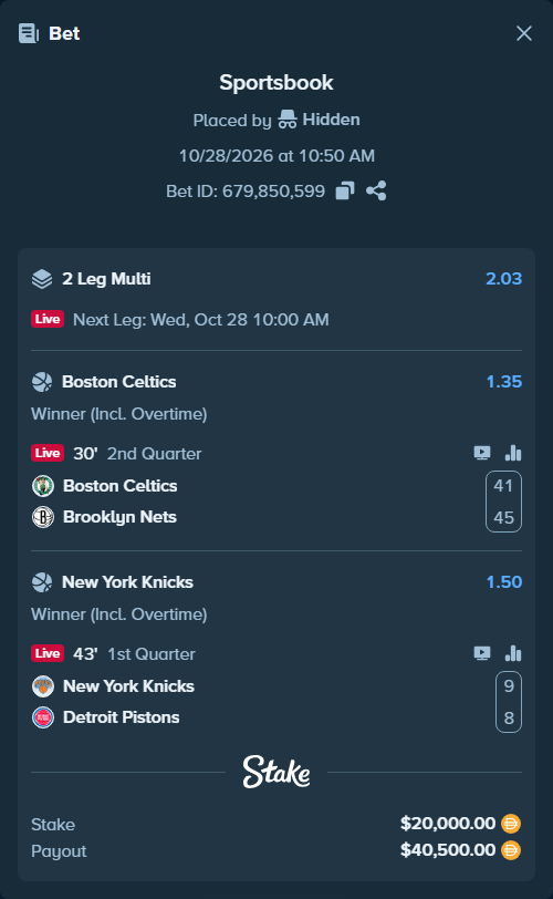 Bet slip: New York Knicks - Detroit Pistons, $20,000.00 stake at 1.50 odds, placed by Hidden
