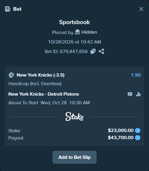 Bet slip: New York Knicks - Detroit Pistons, $23,000.00 stake at 1.90 odds, placed by Hidden
