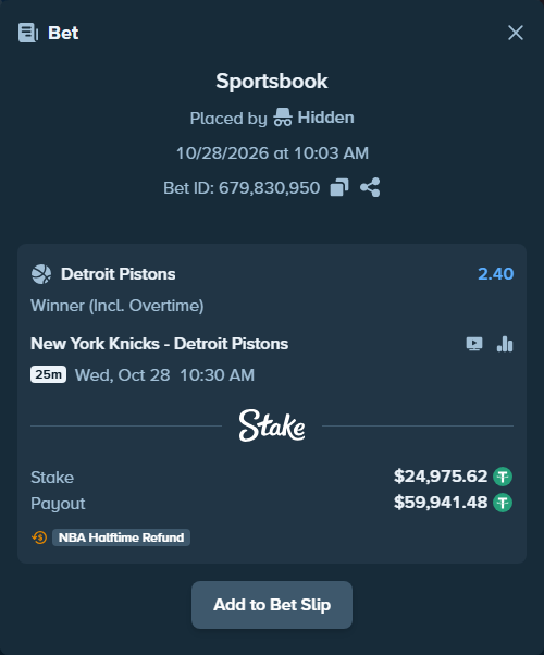 Bet slip: New York Knicks - Detroit Pistons, $25,000.59 stake at 2.40 odds, placed by Pelumi0075