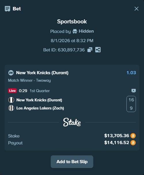 Bet slip: New York Knicks (Durant) - Los Angeles Lakers (Zach), $13,990.73 stake at 1.03 odds, placed by Hidden