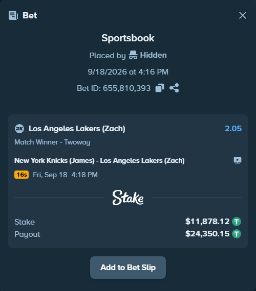 Bet slip: New York Knicks (James) - Los Angeles Lakers (Zach), $11,890.00 stake at 2.05 odds, placed by Hidden
