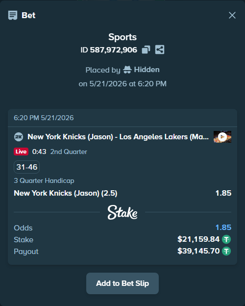 Bet slip: New York Knicks (Jason) - Los Angeles Lakers (Marcus), $21,181.00 stake at 1.85 odds, placed by Hidden