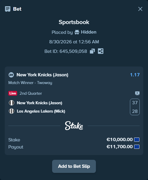 Bet slip: New York Knicks (Jason) - Los Angeles Lakers (Mick), $10,800.00 stake at 1.17 odds, placed by Hidden