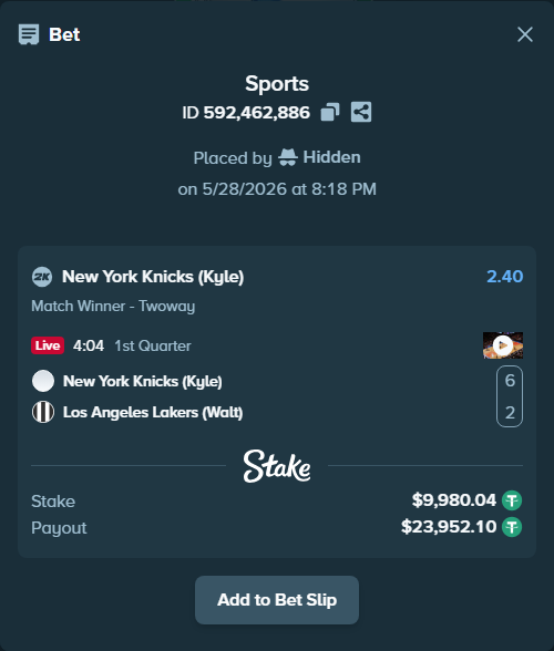 Bet slip: New York Knicks (Kyle) - Los Angeles Lakers (Walt), $10,000.00 stake at 2.40 odds, placed by Hidden