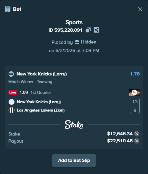 Bet slip: New York Knicks (Larry) - Los Angeles Lakers (Zion), $11,577.91 stake at 1.78 odds, placed by Hidden