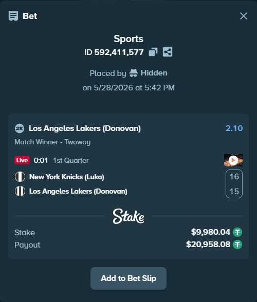 Bet slip: New York Knicks (Luka) - Los Angeles Lakers (Donovan), $10,000.00 stake at 2.10 odds, placed by Hidden