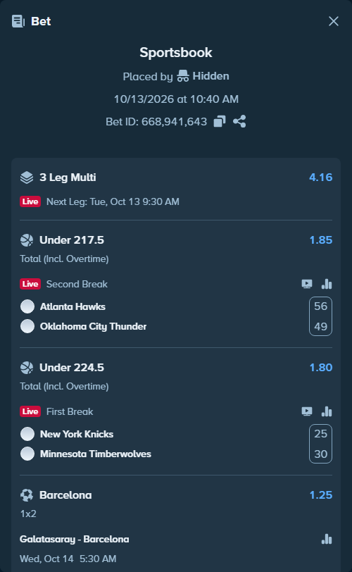 Bet slip: New York Knicks - Minnesota Timberwolves, $11,158.16 stake at 1.80 odds, placed by hungrybox