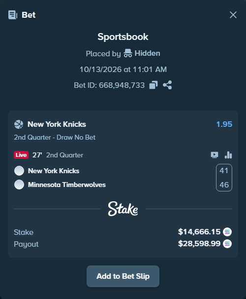 Bet slip: New York Knicks - Minnesota Timberwolves, $14,756.19 stake at 1.95 odds, placed by Prettylfacko98