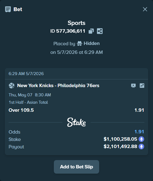 Bet slip: New York Knicks - Philadelphia 76ers, $814,081.23 stake at 1.91 odds, placed by Hidden