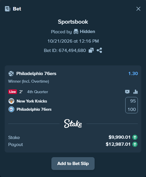 Bet slip: New York Knicks - Philadelphia 76ers, $10,000.00 stake at 1.30 odds, placed by Karay100